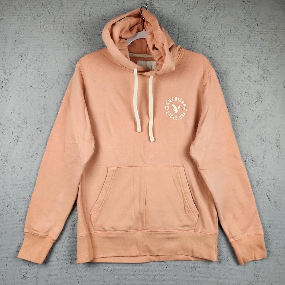 American Eagle Hoodie Mens Small Pink Super Soft Eagle Graphic Logo Pullover